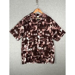 FUBU Button Down Shirt Mens XL Brown Photo Collage Print Short Sleeve VTG Y2K